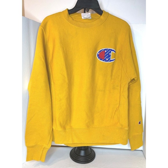 Champion Reverse Weave Sweatshirt Crew Mens S Yellow Gold Embroidered Blue Logo - Picture 1 of 16
